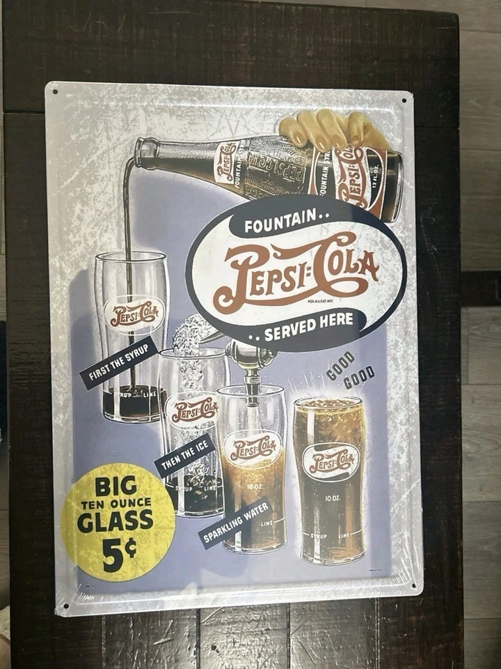 Pepsi Cola-Big Ten Ounce Glass 5c Tin Sign - Image 1 of 1