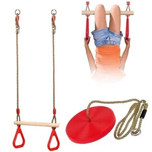 Kids Outdoor Swing Set of 2 Round Swing Seat & Wooden Trapeze Rings Swing - Picture 1 of 10