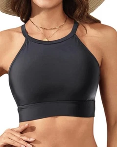 Black High Neck Halter Modest Bikini Top Criss Cross Strap Women’s M - Picture 1 of 7