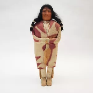 Antique 14" Stuffed Body Wood Legs Mohair Braids Male Indian Skookum Doll - Picture 1 of 15