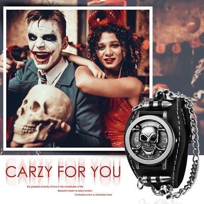 Men Punk Biker Skull Bullet Chain Wide Leather Band Cuff Quartz Wrist Watch HOT - image 1 of 4
