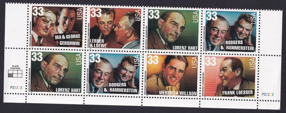 Scott #3350a Broadway Songwriters Plate Block of 8 Stamps - MNH Bottom - Image 1 of 1