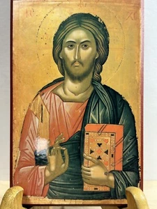 Vintage Jesus Christ Pantocrator Print on Wood 4x6-1/2" Byzantine Icon - Savior - Picture 1 of 11