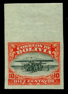 BOLIVIA 1924 Airmail - Aviation School  10c vermilion  Sc# C1var   IMPERFORATED - Afbeelding 1 van 2