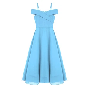Girls Formal Dress Off Shoulder Chiffon Wedding Bridesmaid Maxi A Line Ball Gown - Picture 1 of 73