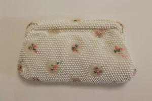 Vintage Corde Bead Lumured Ivory Floral Beaded Evening Bag Clutch Purse - Picture 1 of 10