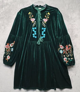 Asa Fashion Group Dress Womens XXL Green Boho Embroidered Floral Velour - Picture 1 of 17