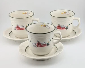 Set of 3 Pfaltzgraff Snow Village Christmas Snowman Coffee Cups & Saucers - Picture 1 of 5