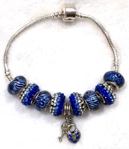 8.1" Heart ~ Key Charm Murano Lampwork Glass Beads Rhinestone Spacers Bracelet - Picture 1 of 3