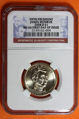 2008-D NGC MS66 James Monroe 1st Day of Issue Presidential Dollar $1 #B38043 - Image 1 of 2