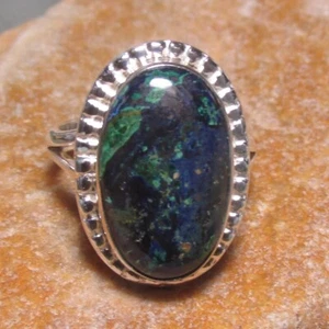 925 silver cabochon malachite in blue azurite Azurmalachite ring UK N/US 6.75. - Picture 1 of 5