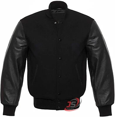 Varsity Bomber Letterman Solid Black Wool & Real Cowhide Leather Sleeves Jackets - Image 1 of 4