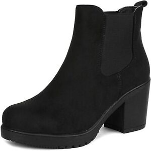 Women Chelsea Boots Chunky Block High Heel Slip On Suede Ankle Boots Shoes 5-11