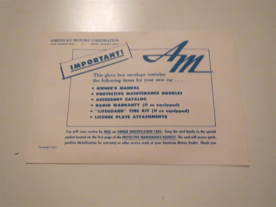 1970 1971 1972 1973 1974 AMC JAVELIN AMX HORNET MARCAPASOS MANUAL DEL PROPIETARIO SOBRE Foto 1 de 1