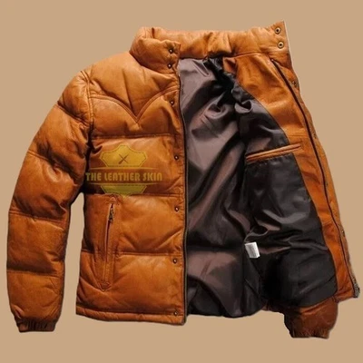 Men's Brown Puffer Jacket Genuine Leather Lambskin Quilted Down Puffer Jacket - Image 1 of 4
