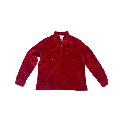 Quacker Factory Jacket Size M Red Velvet Embroidered Holly Full Zip Cardigan - Image 1 of 4