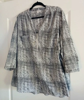 Top túnica JACLYN SMITH 3X negro blanco estampado piel de serpiente 1/4 cremallera frontal mangas 3/4 Foto 1 de 4