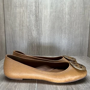 Tory Burch Reva Ballet Flats Womens 8.5M Gold Logo Slip On Pebbled Leather Brown - Picture 1 of 13