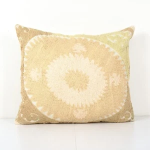 Suzani Yellow Square Pillow Case Fashioned from a Mid-20th Century Uzbek Suzani - Picture 1 of 5