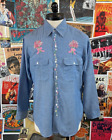 Vtg 70s Mens Chambray Shirt Big Mac Embroidered Flower Child Hippie Large