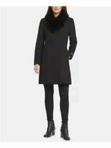 DKNY Womens Faux Fur Zippered Button Down Wool Blend Jacket Coat, BLACK, PXS - Picture 1 of 4