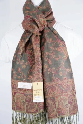 Mujer Pashmina Bufanda Chal Envoltura Paisley Rojo Verde Oscuro, Seda Cachemira*Suave Foto 1 de 4
