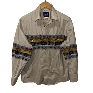 Vintage Wrangler Pearl Snap Western Shirt Aztec Horses Wrap Around Size Large - Picture 1 of 15