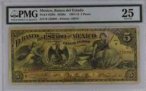 Mexico, Banco del Estado, 5 Pesos P#S329c M396c 1907-12 PMG 25 .VERY FINE - Picture 1 of 2