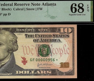 2004A $10 Federal Reserve Note Atlanta PMG 68EPQ 2nd finst low serial Fr 2039-F* - Picture 1 of 3