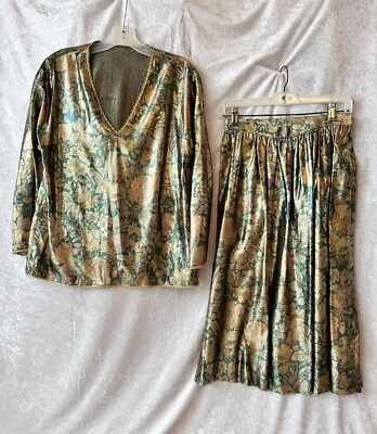 Blusa y Falda De Colección Oscar de la Renta Talla 6 Dorado Y Verde Retro Glamour Brillante Foto 1 de 4