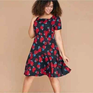 Lane Bryant Black Red Rose Floral Print A-Line Scuba Fit Flare Dress Size 26 4X - Picture 1 of 4