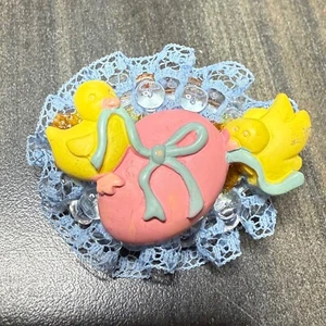 Vintage Easter Chick Brooch Pink Egg Blue Lace Spring Holiday Pin Cute - Picture 1 of 4