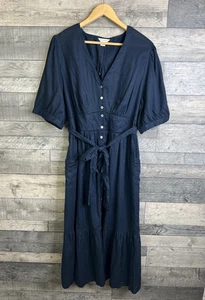 Monsoon Midi Dress Size UK 20 Navy Blue Tiered Cutwork Linen Blend Puff Casual - Picture 1 of 10