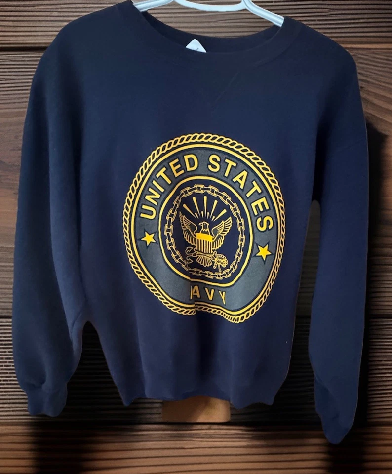Sudadera US Navy Spell Out azul suave cuello redondo talla pequeña excelente Foto 1 de 4