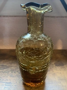Vintage Amber Crackle Art Glass Handblown 5” Vase Ruffled Rim EUC - Picture 1 of 15