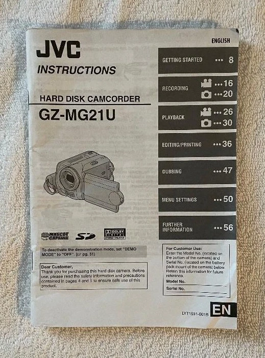 JVC , GZ-MG21U Hard Disk Camcorder Instructions Manual 72 Pages ,Complete - Image 1 of 1