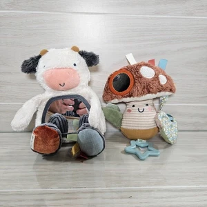 Itzy Ritzy Lot of 2 Plush Stuffed Animal Toys Cow Mushroom Sensory Rattle Baby - Picture 1 of 8