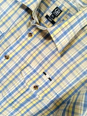CAVI Lightweight Shirt Short Tab Sleeves Button Casual Plaid Blue Yellow Men XL - Image 1 of 4
