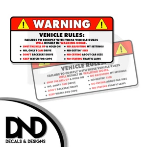 Vehicle - Rules Warning Safety Vehicle Funny Sticker Decal 2 PK 5" D&D - Picture 1 of 1