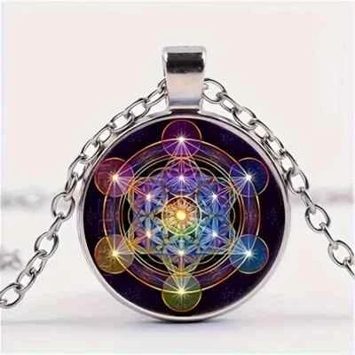 Geometry Metatron Cube Pattern Cabochon Glass Pendant Necklace - Image 1 of 4