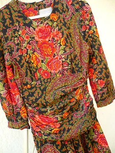 VTG 80S 90S S M ROMANTIC RED RUCHED FLORAL FLOWER ROSES LOW WAIST DRESS WOMEN - Picture 1 of 12