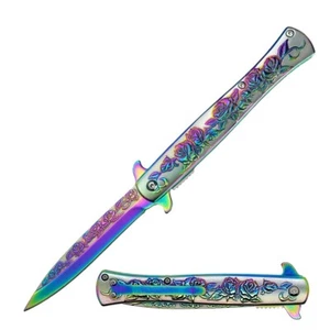 Navaja de Bolsillo Plegable Abierta Asistida por Resorte Diseño Rosa Arco Iris de Lujo de 9" - Imagen 1 de 4