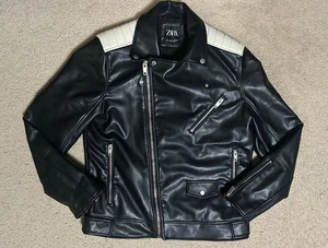ZARA Faux Leather MOTO JACKET Men's Black White LARGE Double Rider full zip - Picture 1 of 19