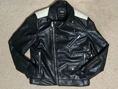 CHAQUETA MOTO ZARA de cuero sintético para hombre negra blanca GRANDE doble jinete cremallera completa Foto 1 de 4