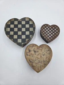 3 Nesting Heart Boxes with Lids Paper Mache Cottagecore Multicolor Checkerboard - Picture 1 of 6