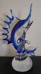 Swordfish Art Glass Sculpture Glass Crystal Sailfish Marlin & Wave 11.75” T - Picture 1 of 10