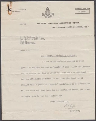 NUEVA ZELANDA 1918 SOLDADOS DE LA PRIMERA GUERRA MUNDIAL ASISTENCIA FINANCIERA. TABLERO CORRESPONSAL. (ID099/R65917) Foto 1 de 2