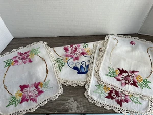 Vintage Table Linen Placemat & 3 Napkins Floral Embroidered 4 pieces - Picture 1 of 12