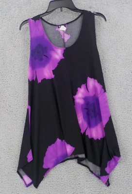 JOSTAR TANK TOP SZ L BLACK PURPLE SLEEVELESS TUNIC HIBISCUS POINT HEM SPANDEX - Image 1 of 4