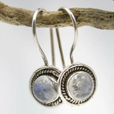 Pietra di Luna Orecchini Pendenti Argento Sterling 925 Tondo India Bianco r1 - Immagine 1 di 3